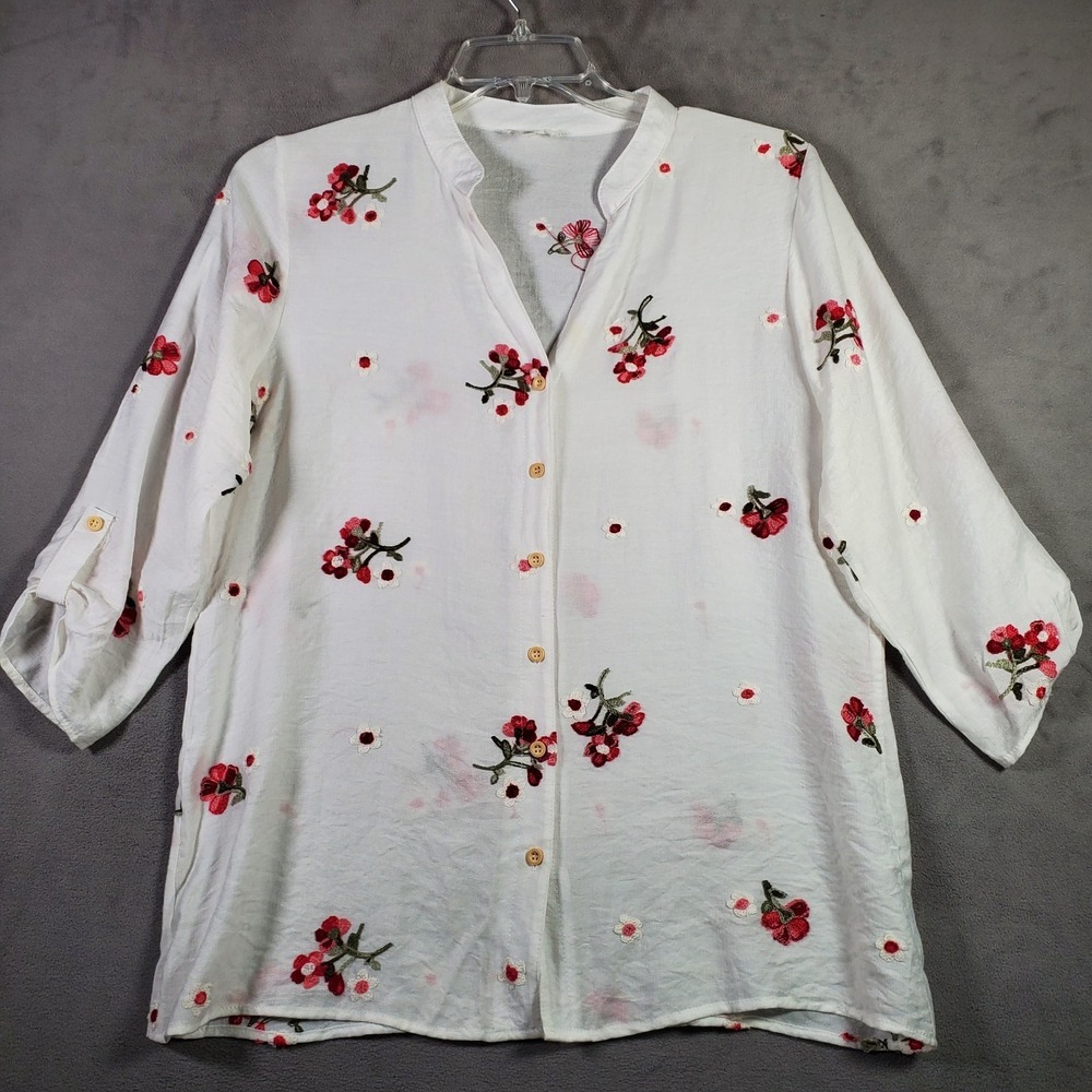 Kindred Shirt Womens L White Red All Over Embroidered Floral Button Boho Cottage